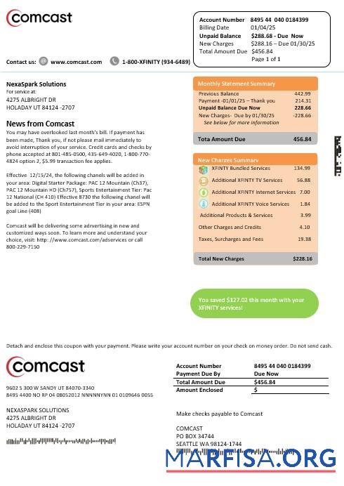 Printable USA Utah Comcast business utility bill template in Word and PDF formats, version 2